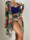 Sexy Mesh Bikini Three-piece Amazon Push Up Split Print Swimsuit Women