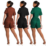 Summer lace-up pleated sexy shorts two piece set women clothing