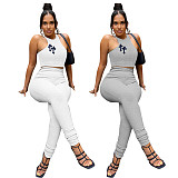 Fashion set women clothing Summer Cross Print Ribbed High Waisted Stacking 2 Piece Set