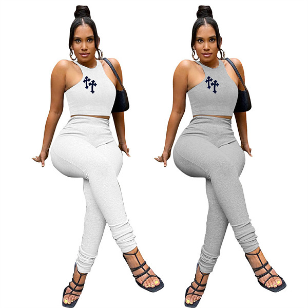 Fashion set women clothing Summer Cross Print Ribbed High Waisted Stacking 2 Piece Set