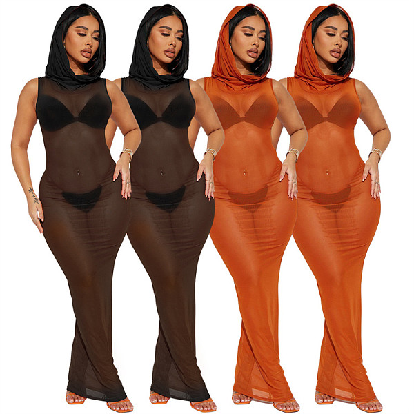 Spring and summer mesh see-through hooded beach sunscreen sexy dress Women  (only dress)