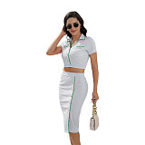 Two piece Set Women Threaded Lapel Short Sleeve Two piece Skirt Set