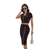Two piece Set Women Threaded Lapel Short Sleeve Two piece Skirt Set