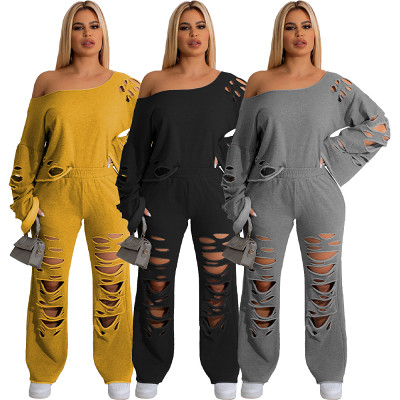 Women'S Casual Solid Color Ripped Loose Hoodie Two Piece Suit