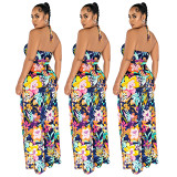Women One Piece Jumpsuits Strapless suspenders holiday style printed wide leg jumpsuit