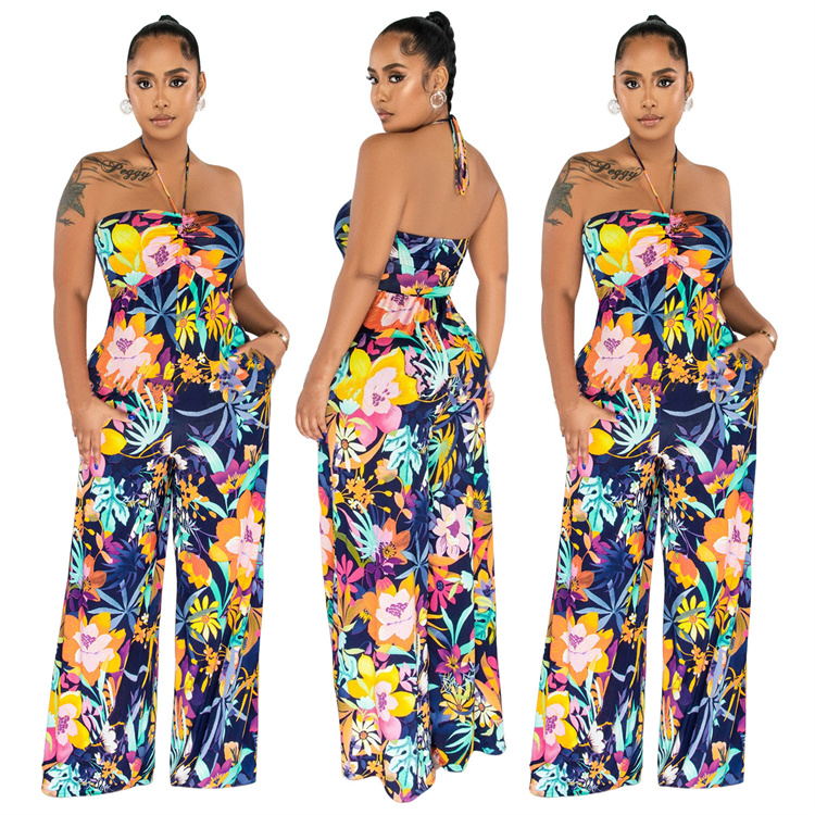 Women One Piece Jumpsuits Strapless suspenders holiday style printed