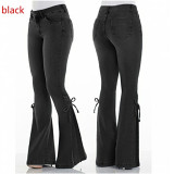 Ladies Women's Jeans Mid Rise Tie Denim Trousers Stretch Jeans Women's Flared Pants