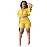 Ruffle short V-neck top casual shorts summer two-piece suit