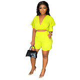 Ruffle short V-neck top casual shorts summer two-piece suit