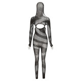 Spring women's new sexy hollow perspective hooded high waist tight knitted jumpsuit for women
