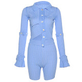 Fashionable long-sleeved single-breasted design sense T-shirt striped shorts suit for women