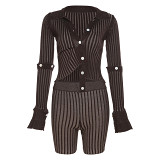 Fashionable long-sleeved single-breasted design sense T-shirt striped shorts suit for women