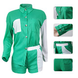 Solid Color Stitching Waffle Casual Button Pocket Shirt 2 Piece Short Set