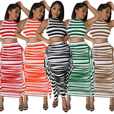 Striped Crop Top Tight Sleeveless Sundress Tassel Skirt Two Piece Set