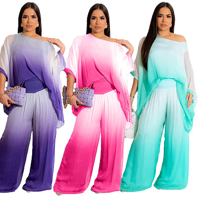 Gradient Short Sleeved Loose Casual Wide Leg Pants Two Piece Set