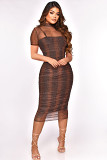 See-through mesh suspenders printed short-sleeved sexy two piece dress Women