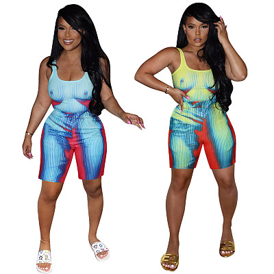Striped Full Body Positioning Printed Vest Shorts Set Two Piece