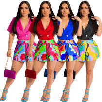 Stiff Double-Breasted Short Sleeve Small Suit Top Printed Shorts Two-Piece Set