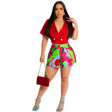 Stiff Double-Breasted Short Sleeve Small Suit Top Printed Shorts Two-Piece Set