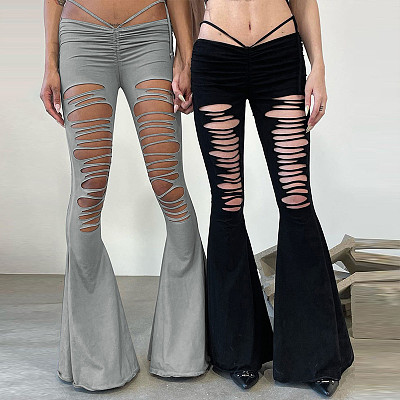 Summer New Fashion Sexy Ripped Drawstring Lace-Up Slim Flare Pants