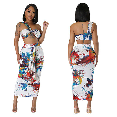 Printed Chest Wrapped Backless Top Tied Rope Front Pleated Skirt Two Piece Set
