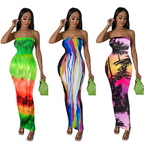 Digital Positioning Print Breast Wrap Dress Nightclub Long Skirt