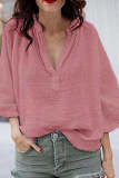 Loose Casual Solid Color V-Neck Three Quarter Sleeve Cotton Hemp Shirt