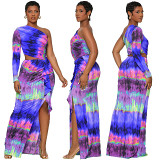 Sexy Diagonal Shoulder Hollowed Out Print Slit Maxi Dress