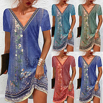 National Style Printed Casual V-Neck Short Sleeve Dress