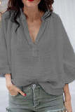 Loose Casual Solid Color V-Neck Three Quarter Sleeve Cotton Hemp Shirt