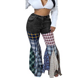 Spliced Plaid Flared Jeans Flounder Trousers Women Pants