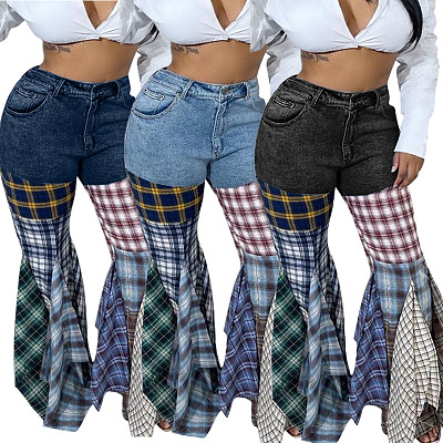 Spliced Plaid Flared Jeans Flounder Trousers Women Pants