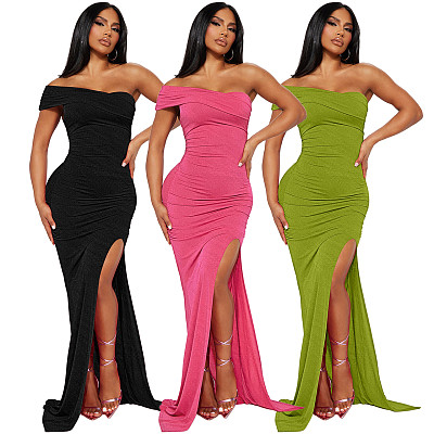 Irregular Off Shoulder Pleated Slashed Evening Dress