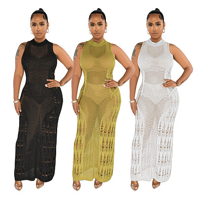 Summer Beach Long Skirt Knitted Vest Hollowed Out Sexy Dress