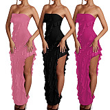 Strapless Ruffles Fringe Slit Party Long Dress For Women