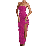 Strapless Ruffles Fringe Slit Party Long Dress For Women