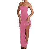 Strapless Ruffles Fringe Slit Party Long Dress For Women