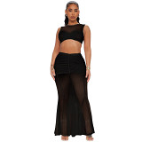 Mesh Stitching Short Top Sexy Fishtail 2 Piece Skirt Suit