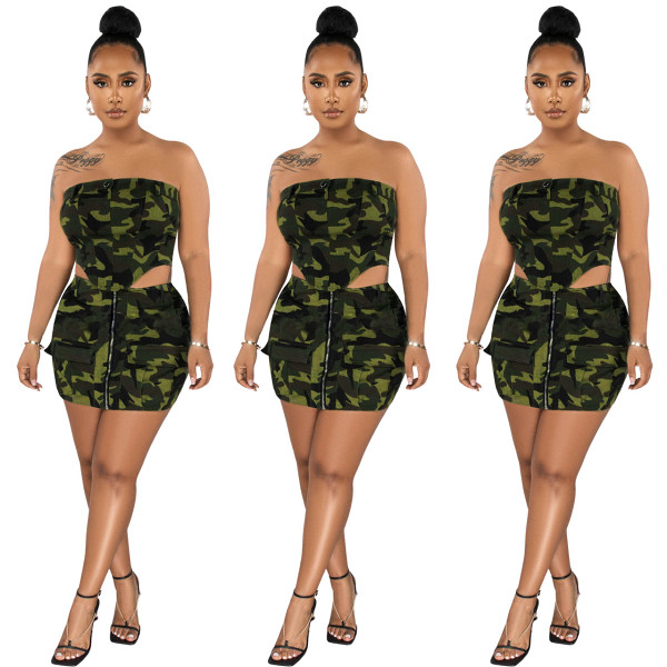 Fashion Personality Strapless Camo Denim Crop Top Mini Skirt Two Piece Set