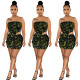 Fashion Personality Strapless Camo Denim Crop Top Mini Skirt Two Piece Set