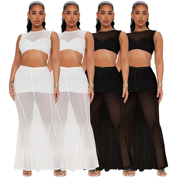 Mesh Stitching Short Top Sexy Fishtail 2 Piece Skirt Suit