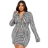 Spring And Summer Striped Printed Shirt Mini Skirt Two Piece Set