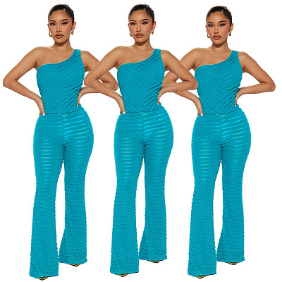 Sleeveless One-Shoulder Short Top Slim Flared Pants Two Piece Set