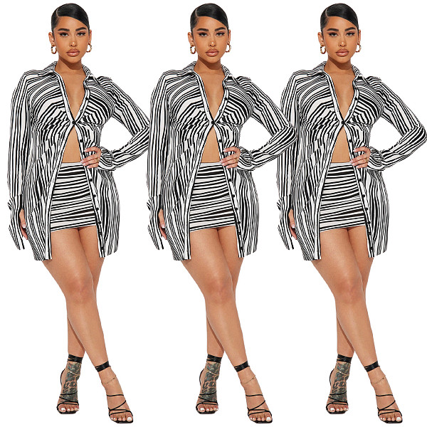 Spring And Summer Striped Printed Shirt Mini Skirt Two Piece Set