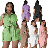 Cotton Solid Color Binding Candy Color Casual Short Two Piece Set
