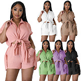 Cotton Solid Color Binding Candy Color Casual Short Two Piece Set