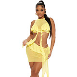 Sleeveless Tank Top Ruffles Tassel Mesh Sexy Mini Skirt Set