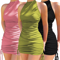 Summer New Ribbed Sleeveless Halter Pleated Sexy Women Short Dress