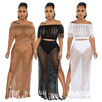 New Off Shoulder Woven Top And Skirt Split Beach Sexy 2 Piece Set