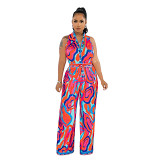 Summer New Ethnic Style Sleeveless Positioning Printed Wide Leg Jumpsuit